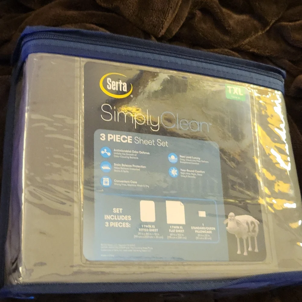 Serta Simply Clean Antimicrobial Stain Release Twin XL 3 pc sheet set Gray New…